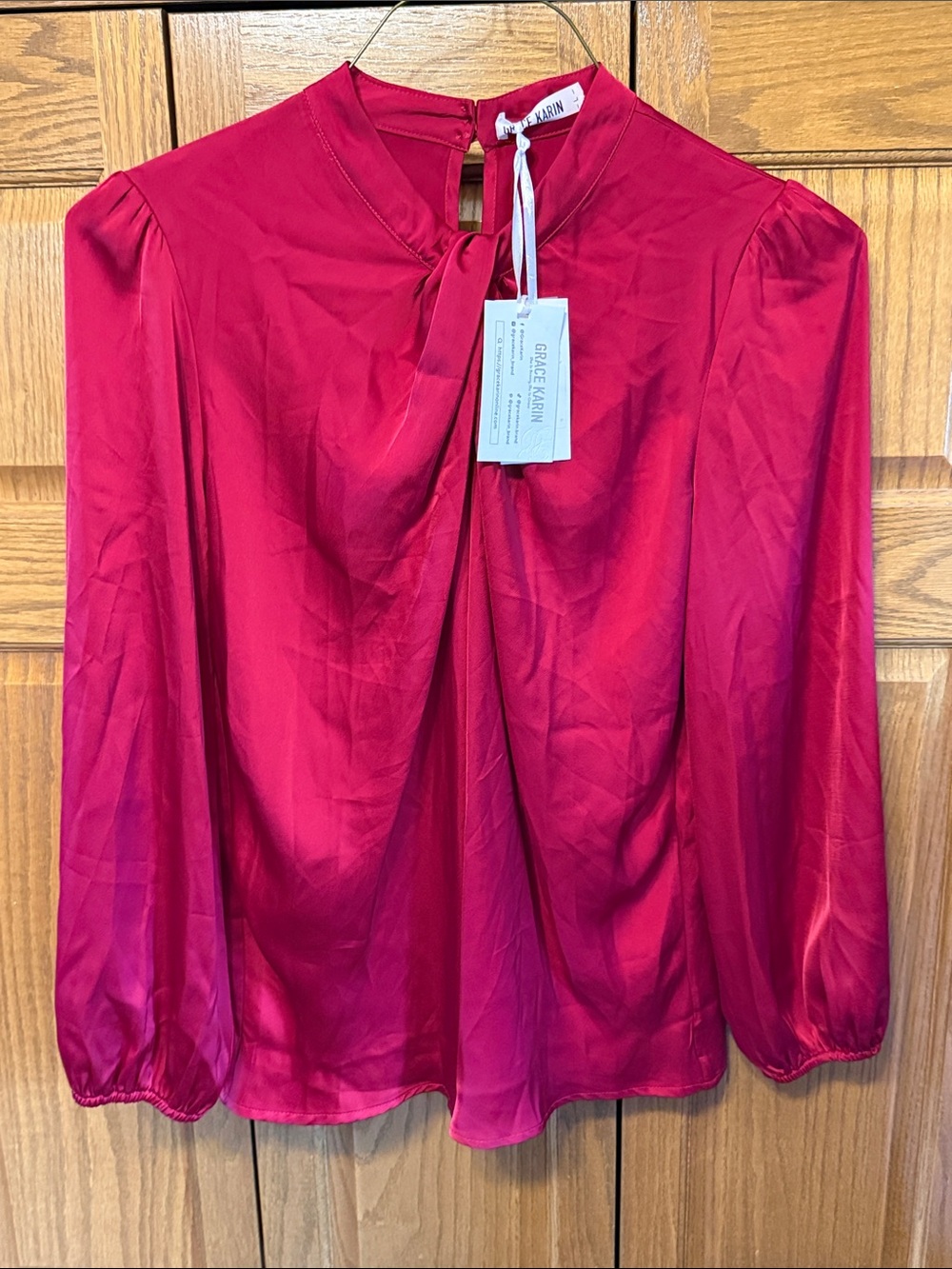 Grace Karin Bright Fuchsia Tie-Neck Long Sleeve Blouse-NWT Size: Large